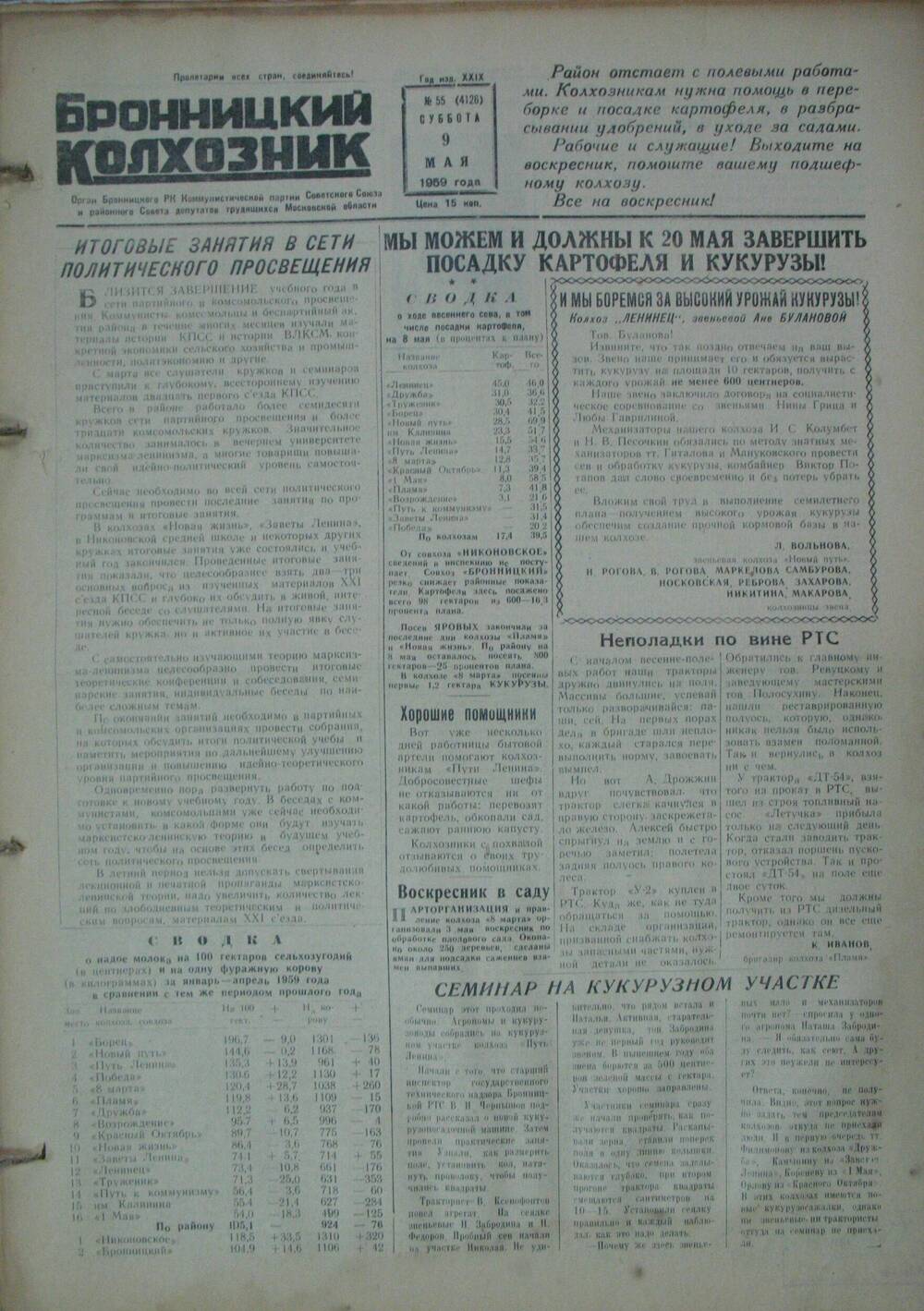 Бронницкий колхозник,  газета № 55 от 9 мая 1959г