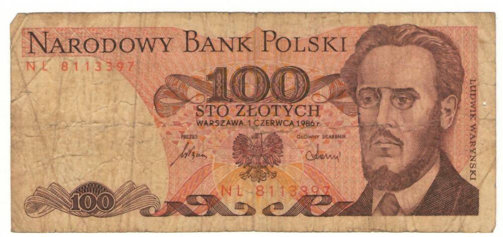 Банкнота 100 ZLOTYCH 1986 года.