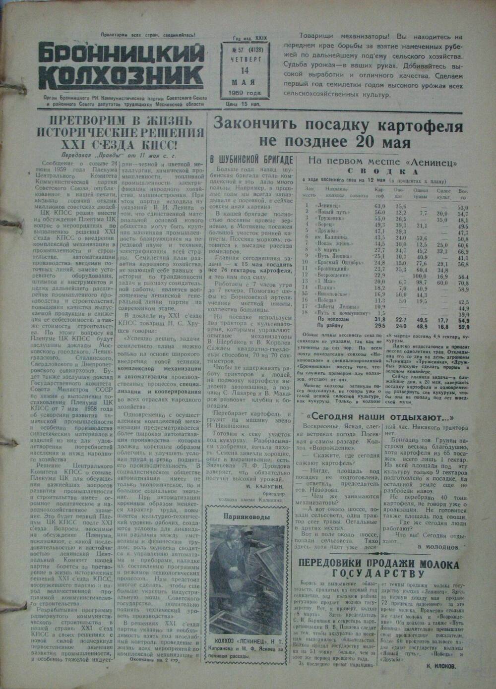 Бронницкий колхозник,  газета № 57 от 14 мая 1959г