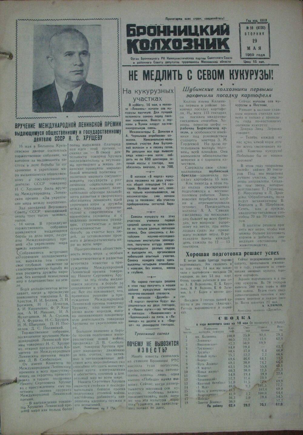 Бронницкий колхозник,  газета № 59 от 19 мая 1959г