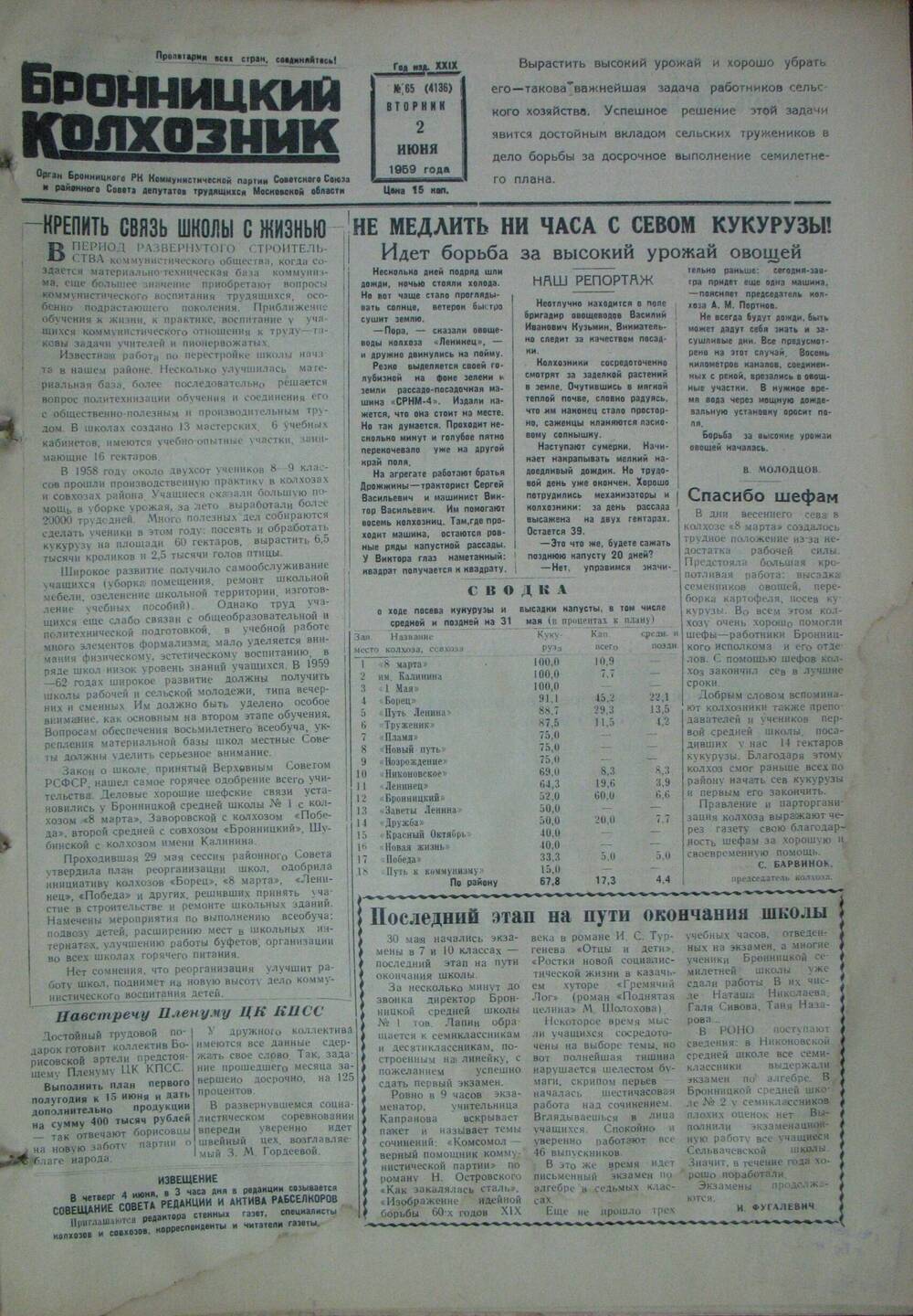 Бронницкий колхозник,  газета № 65 от 2 июня 1959г