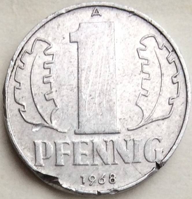Монета 1 пфенниг, 1968 год, ГДР