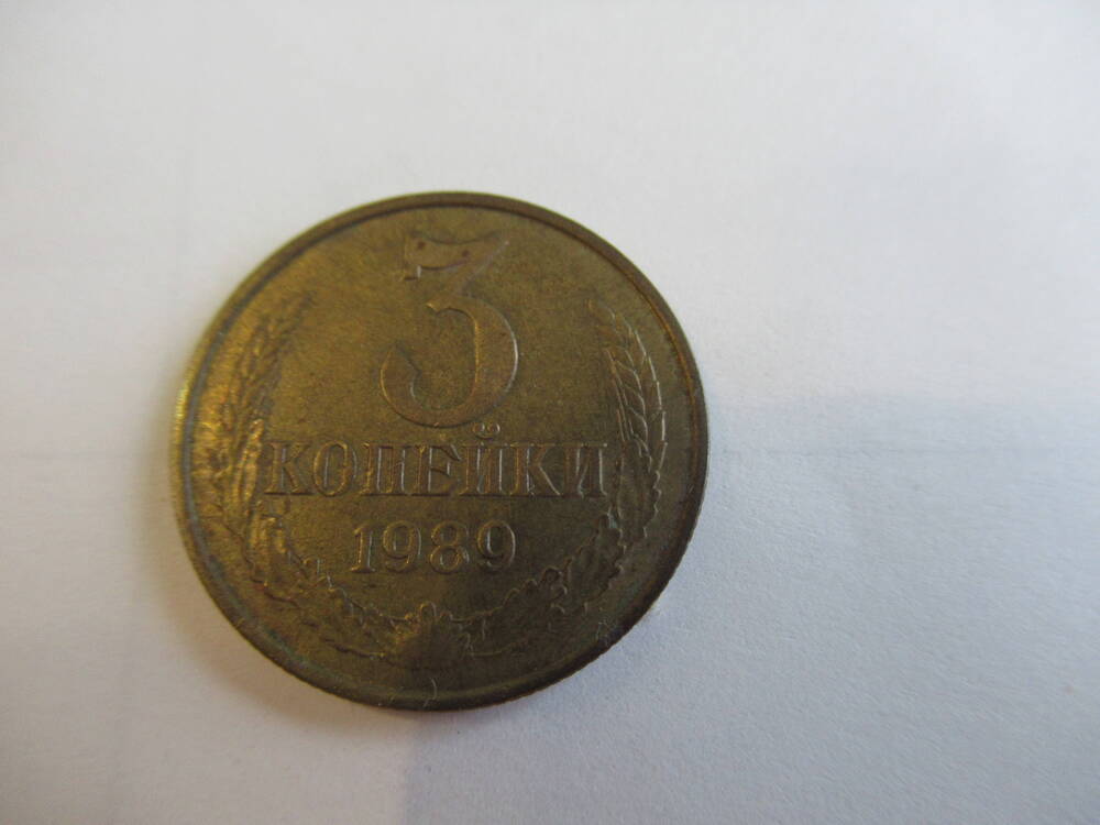 Монета советская 3 копейки 1989 года.