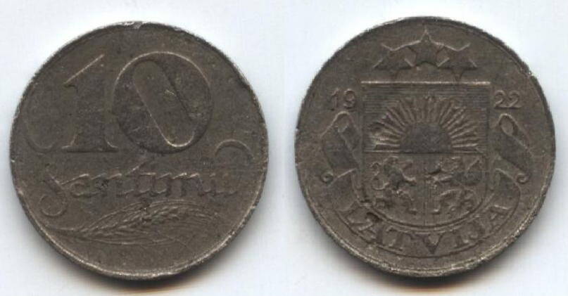 Монета
«10» santimu. Латвия, 1922 г.