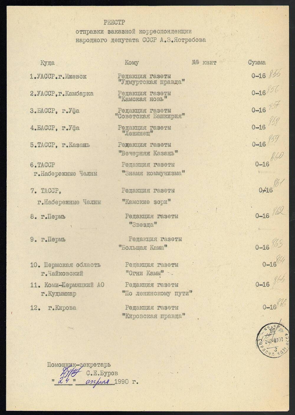 Реестр отправки заказной корреспонденции Ястребова А.З. – народного депутата СССР от 24 апреля 1990 г., 1 лист.