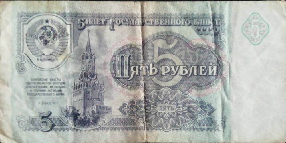 Купюрпа достоинством 5 рублей 1991 г.