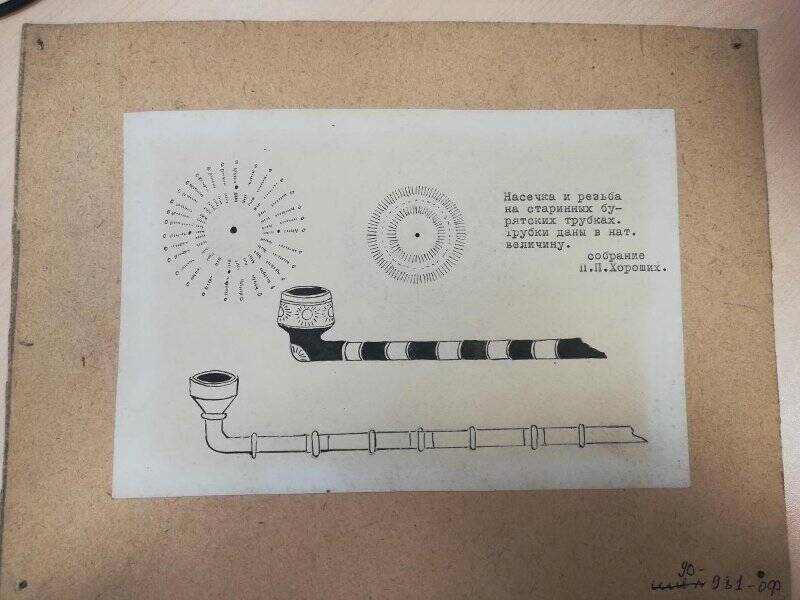 Рисунок тушью. Насечка и резьба на старинных бурятских трубках.