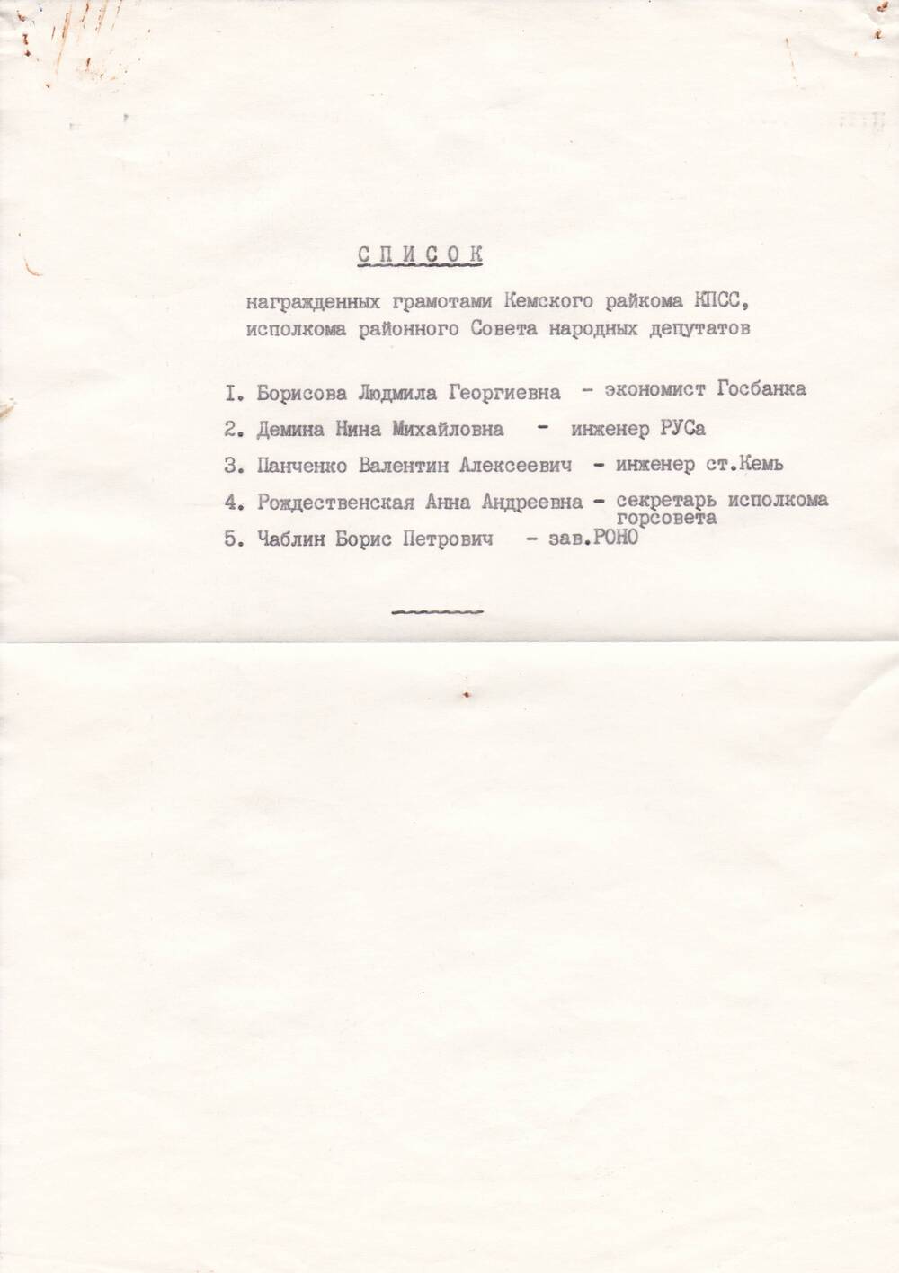 Документ Список награжденных грамотами Кемского райкома КПСС