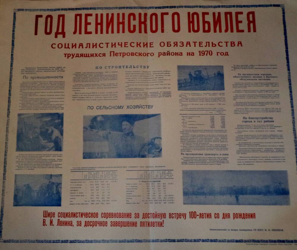 Плакат Год Ленинского юбилея. Социалистические обязательства трудящихся Петровского района на 1970 год.