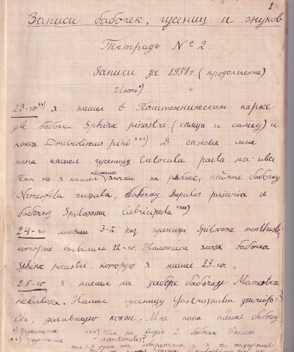 Дневник. Энтомологические записи Александра Дианина. Тетрадь №2. 1937 г.