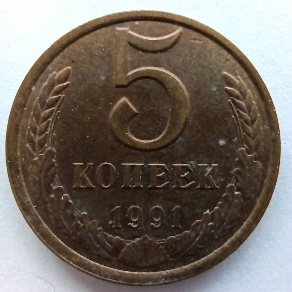 Монета номиналом 5 копеек 1991 года