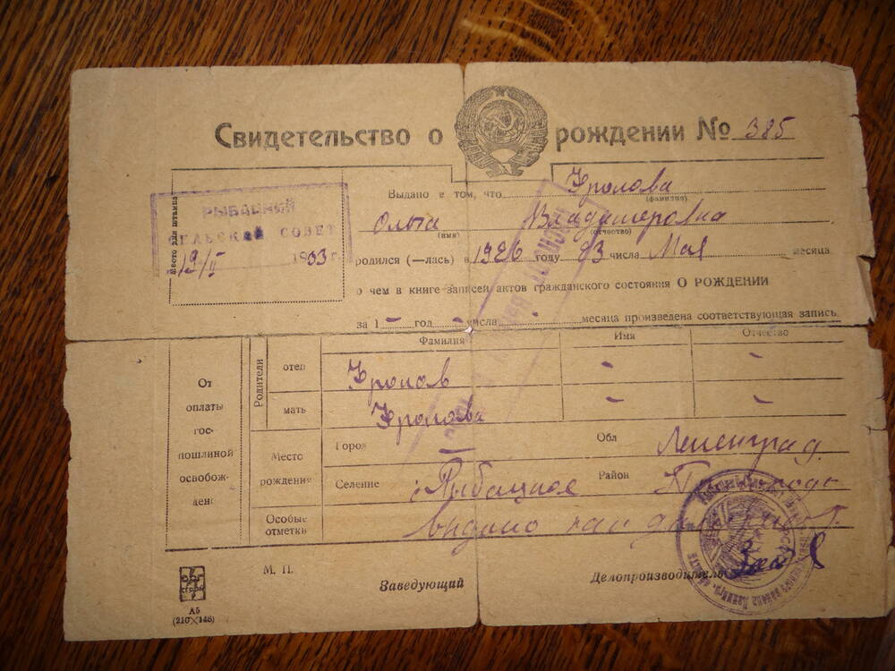 Свидетельство о рождении №385 от 19.02.1933г.
(Фролова О.В.)