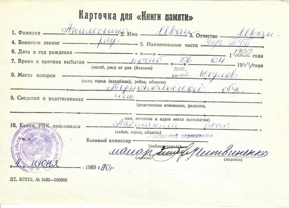 Личная карточка для «Книги Памяти» на Акимченко Ивана Ивановича, рядового, погибшего 06 апреля 1944 года, заполненная 4 июня 1990 года.