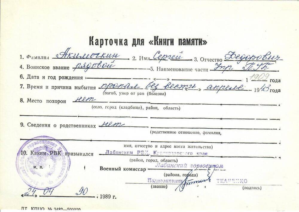 Личная карточка для «Книги Памяти» на Акимочкина Сергея Федоровича, рядового, пропавшего без вести в апреле 1943 года, заполненная 24 апреля 1990 года.