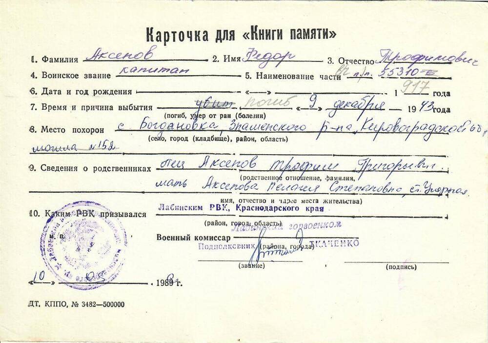 Личная карточка для «Книги Памяти» на Аксёнова Федора Трофимовича, капитана, погибшего 9 декабря 1943 года, заполненная 10 мая 1990 года.