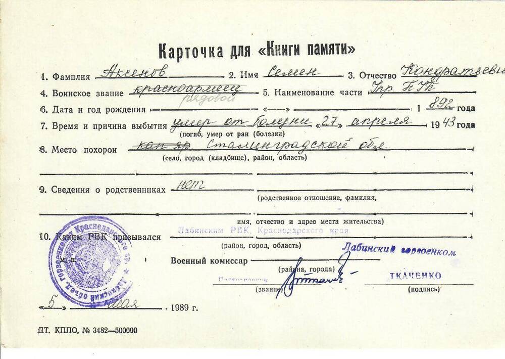 Личная карточка для «Книги Памяти» на Аксёнова Семена Кондратьевича, 1892 года рождения, рядового, умершего от болезни 27 апреля 1943 года, заполненная 5 мая 1989 года.