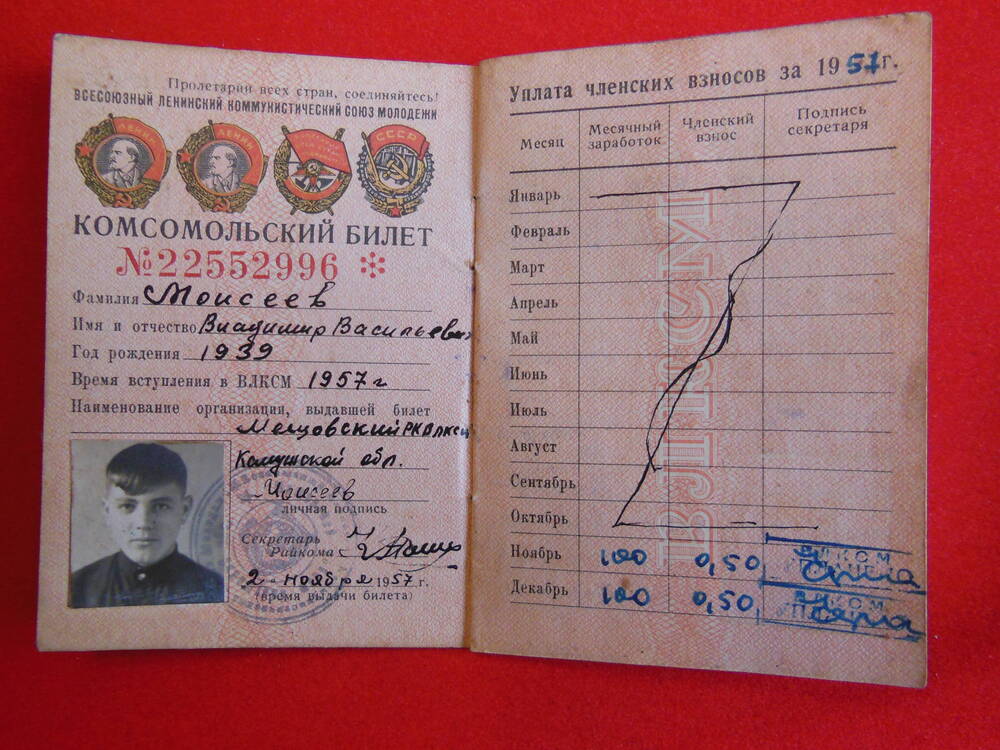 Комсомольский билет Моисеева В.В.