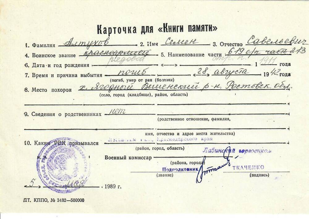 Личная карточка для «Книги Памяти» на Алтухова Семена Савельевича, рядового, погибшего 28 августа 1942 года, заполненная 5 мая 1989 года.