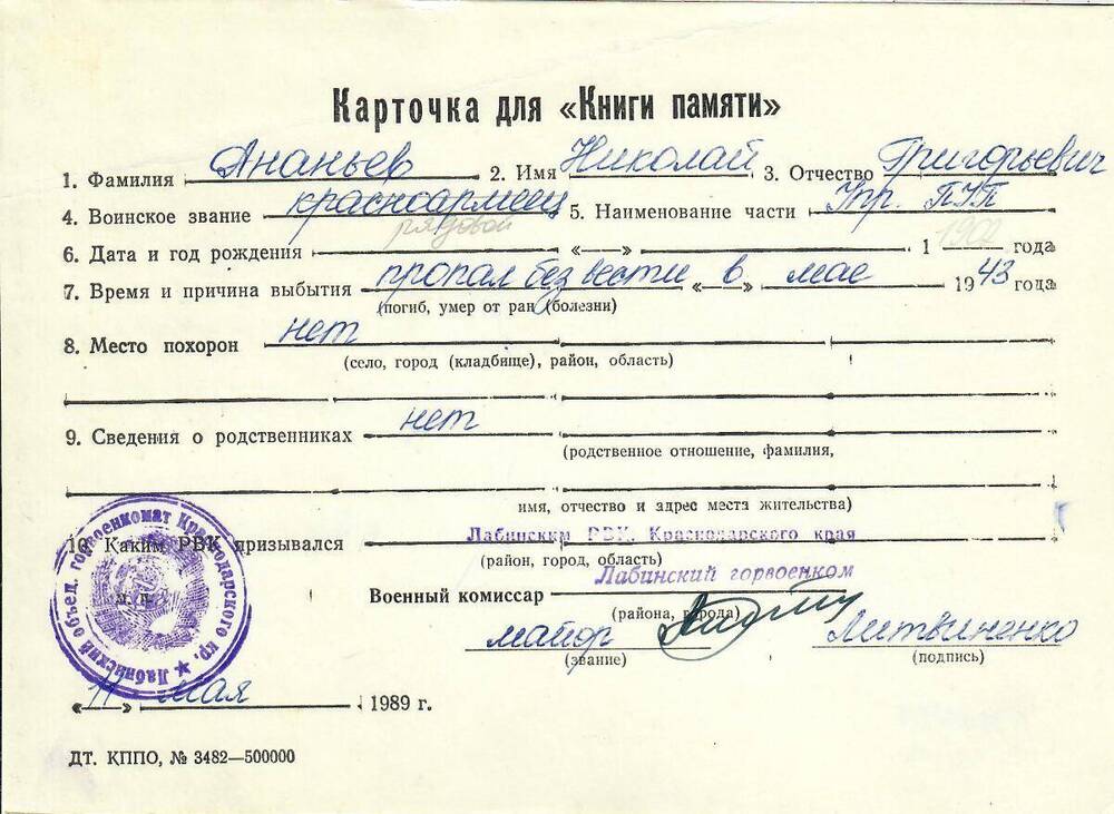 Личная карточка для «Книги Памяти» на Ананьева Николая Григорьевича, рядового, пропавшего без вести в мае 1943 году, заполненная а.