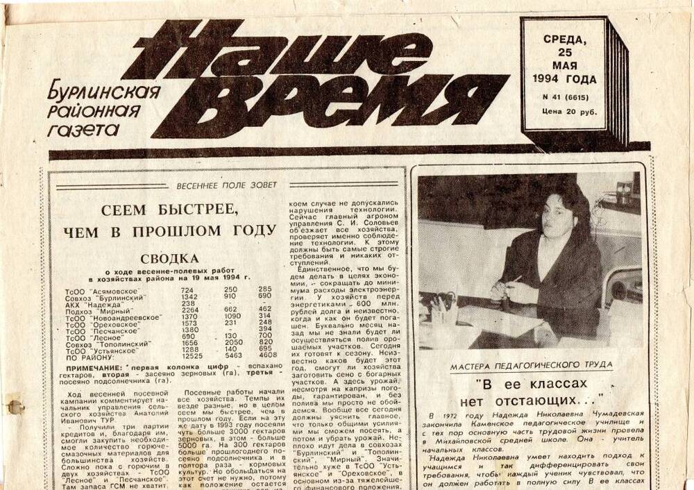 Газета Наше время №41 от 25 мая 1994 г.