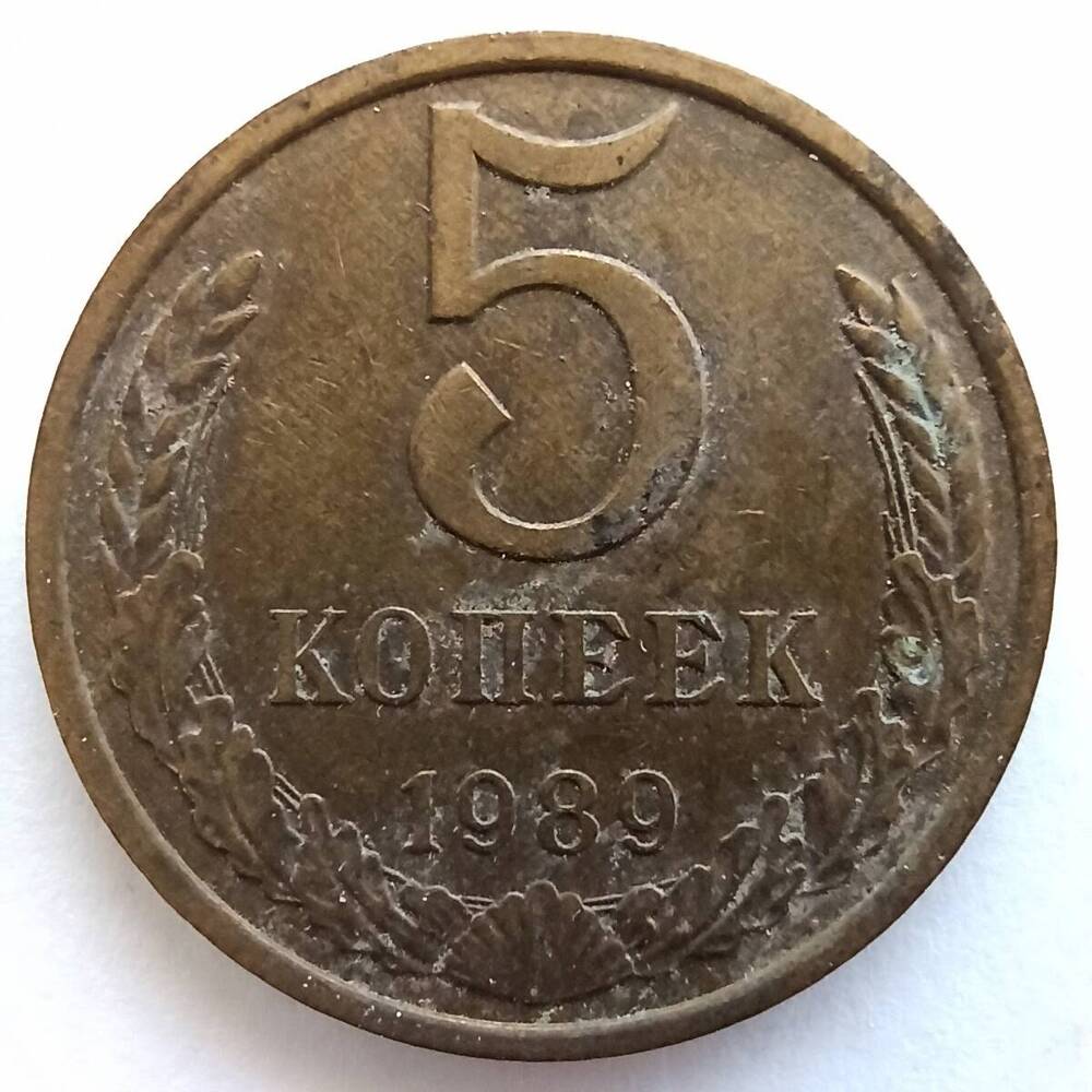 Монета номиналом 5 копеек 1989 года