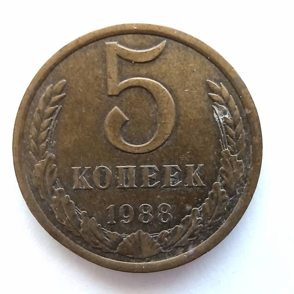 Монета номиналом 5 копеек 1988 года