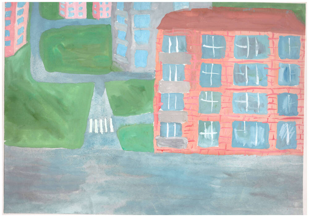 Рисунок в технике акварель, с изображением улицы Мира, выполненный ученицей 7 «А» класса 218 школы – Фролковой Еленой, из комплекта рисунков, посвящённых 40-летию города Заречного