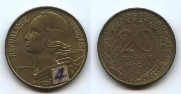 Монета
респ. Франция, 20 centimes, 1967 г.