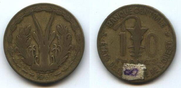 Монета
Центр. Африк. республика (колония Франции), 10 фр., 1969 г.