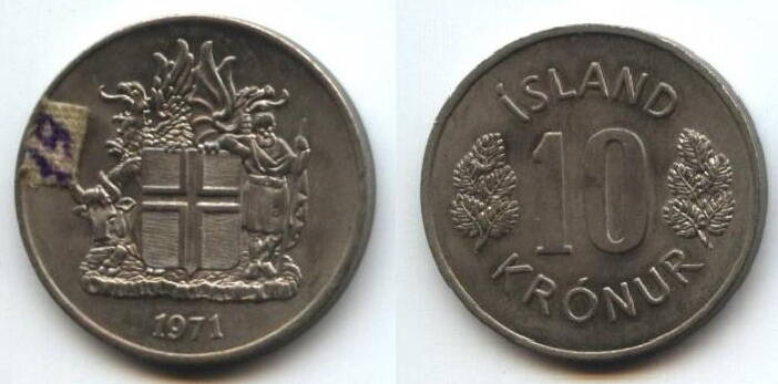 Монета
Исландия. 10 kronur, 1971 г.