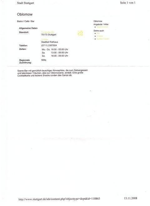 Распечатка скриншота интернет-страницы. Информация о Бистро-Кафе-Бара «Обломов» в г. Штутгарте. Германия. 2008 г. На англ. яз.
