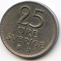 Монета 25 эре,1963 г.Швеция.