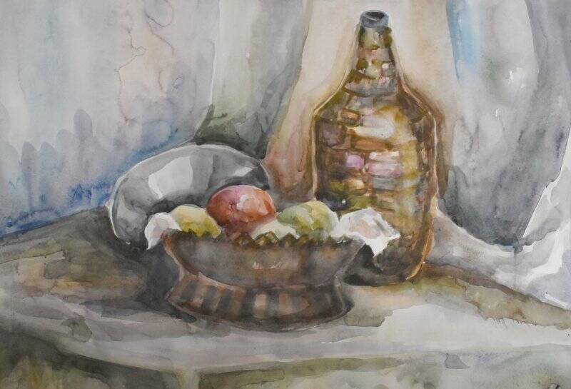 Рисунок. Натюрморт «Ваза с фруктами и бутыль» Мельникова Елена.