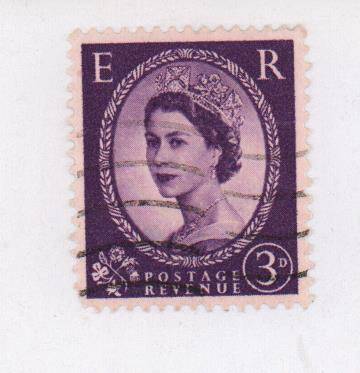 Марка почтовая Великобритании с портретом Елизаветы II, номинальной стоимостью 3 d британских старых пенни.