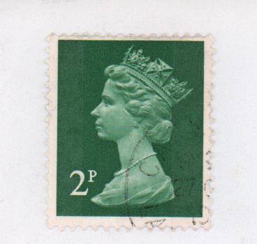 Марка почтовая Великобритании с портретом Елизаветы II, номинальной стоимостью 2 британских пенни.