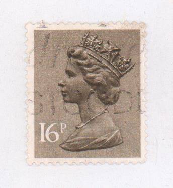 Марка почтовая Великобритании с портретом Елизаветы II, номинальная стоимость 16 P , британских пенни.