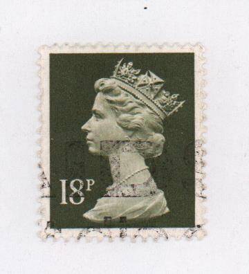 Марка почтовая Великобритании с портретом Елизаветы II, номинальной стоимостью 18 P  британскихпенни.