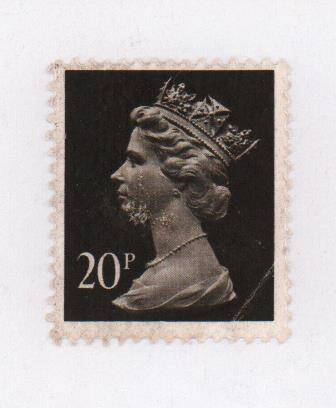 Марка почтовая Великобритании с портретом Елизаветы II , номинальной стоимостью 20 р британских пенни.