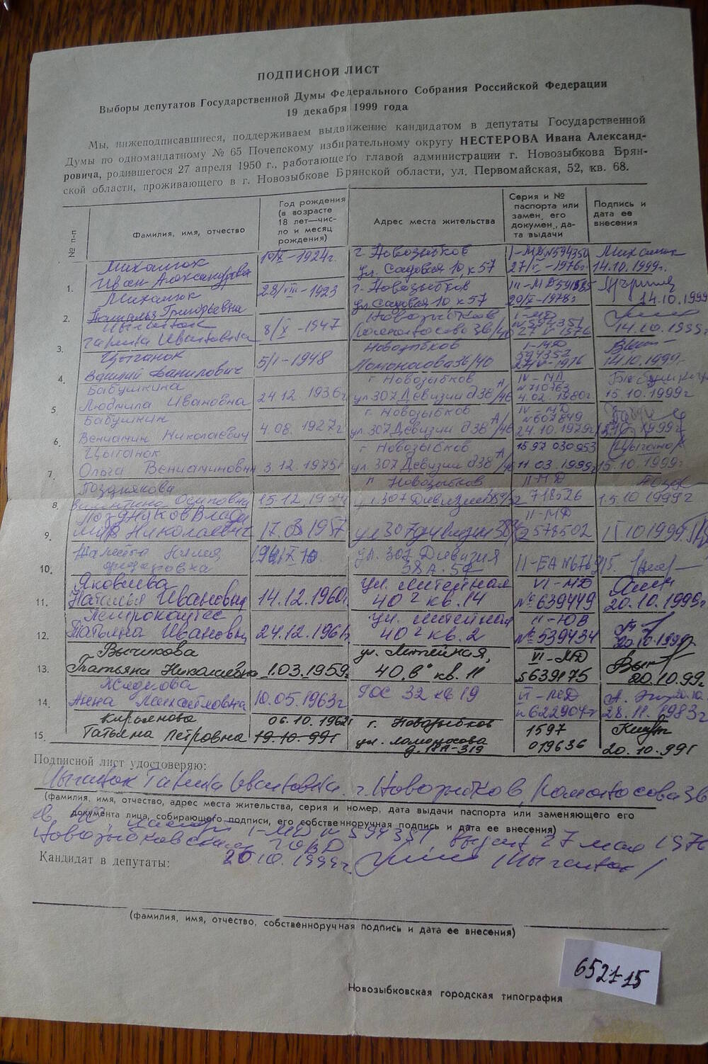 Подписной лист по выборам в Государственную Думу Нестерова И.А. 1999