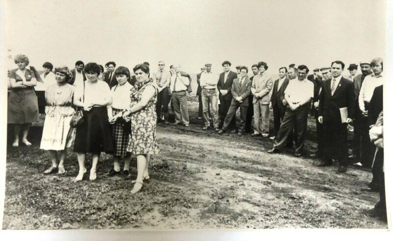 Фотография. На поле у дороги большая группа людей