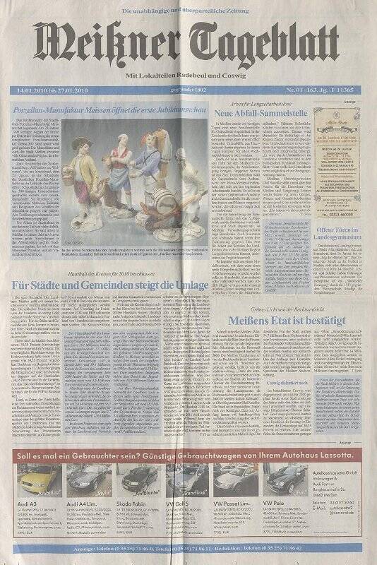 Газета. Meißner Tageblatt. - 14.01.2010 bis 27.01.2010 / Мейсеновская ежедневная газета. - Мейсен, 2010.