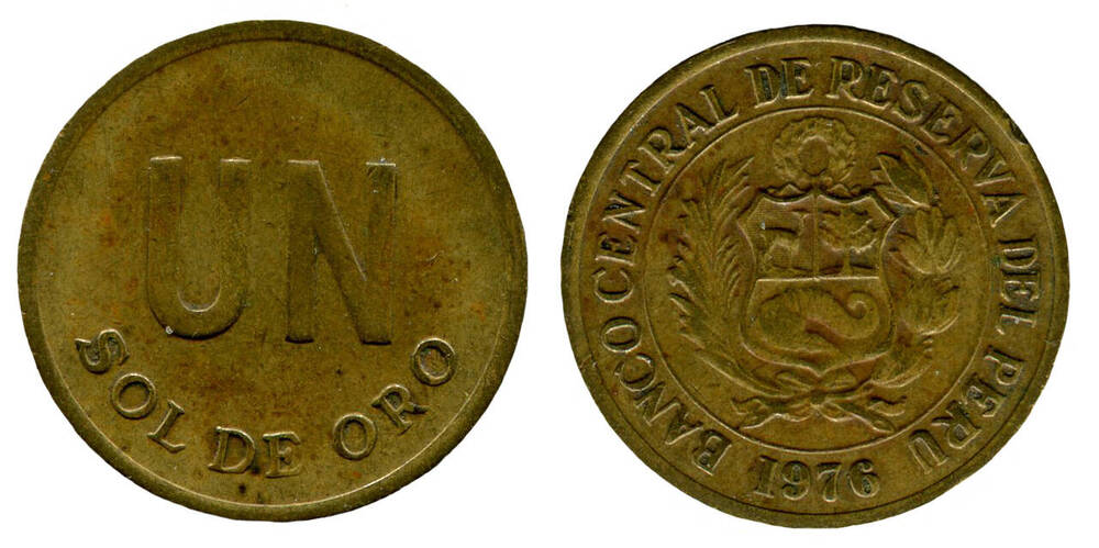 Монета. Un sol de oro (1 один сом). Республика Перу, 1976 г.