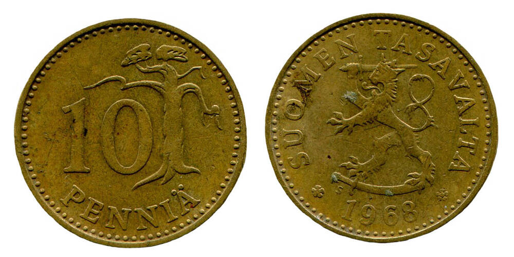 Монета. 10 pennia (10 пенни). Республика Финляндия, 1968 г.