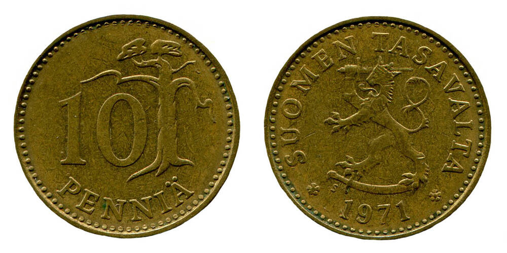 Монета. 10 pennia (10 пенни). Республика Финляндия, 1971 г.