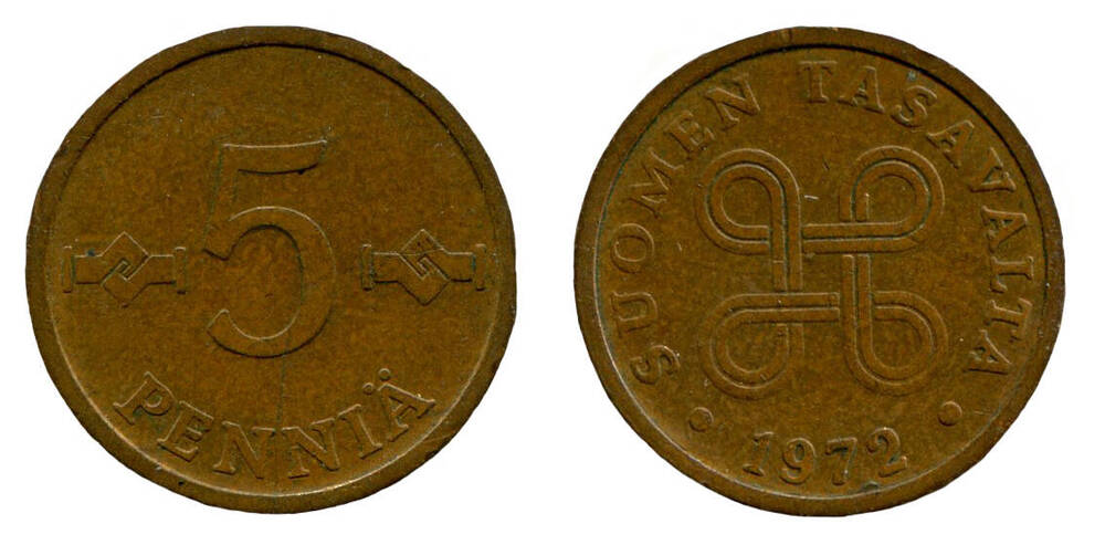 Монета. 5 PENNIÄ (5 пенни). Республика Финляндия. 1972 г.
