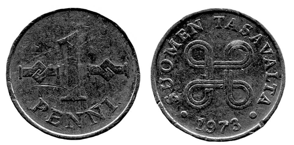 Монета. 1 PENNI (1 пенни). Республика Финляндия, 1973 г.
