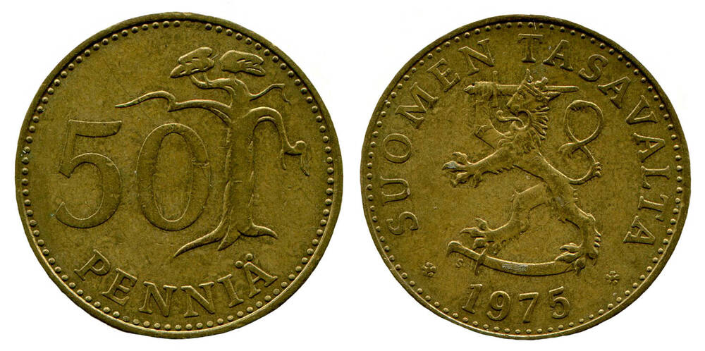 Монета. 50 PENNIÄ (50 пенни). Республика Финляндия, 1975 г.