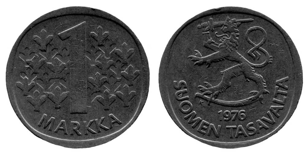Монета. 1 MARKKA (1 марка). Республика Финляндия, 1976 г.