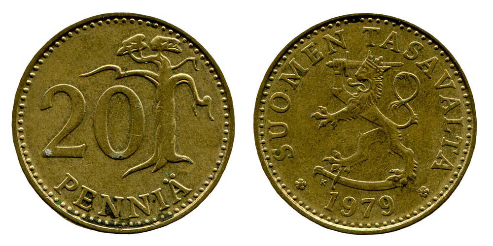 Монета. 20 PENNIÄ (20 пенни). Республика Финляндия, 1979 г.