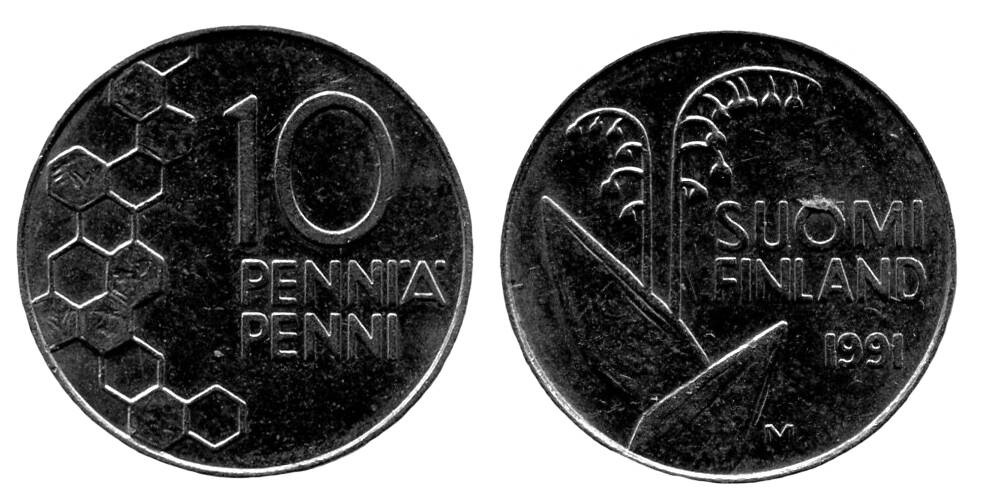 Монета. 10 PENNIÄ (10 пенни). Республика Финляндия, 1991 г.